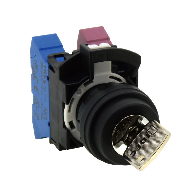 front side view of key switch with blue and red plastic pieces on the back, a black body, and a key inserted into the key hole on the bottom right corner