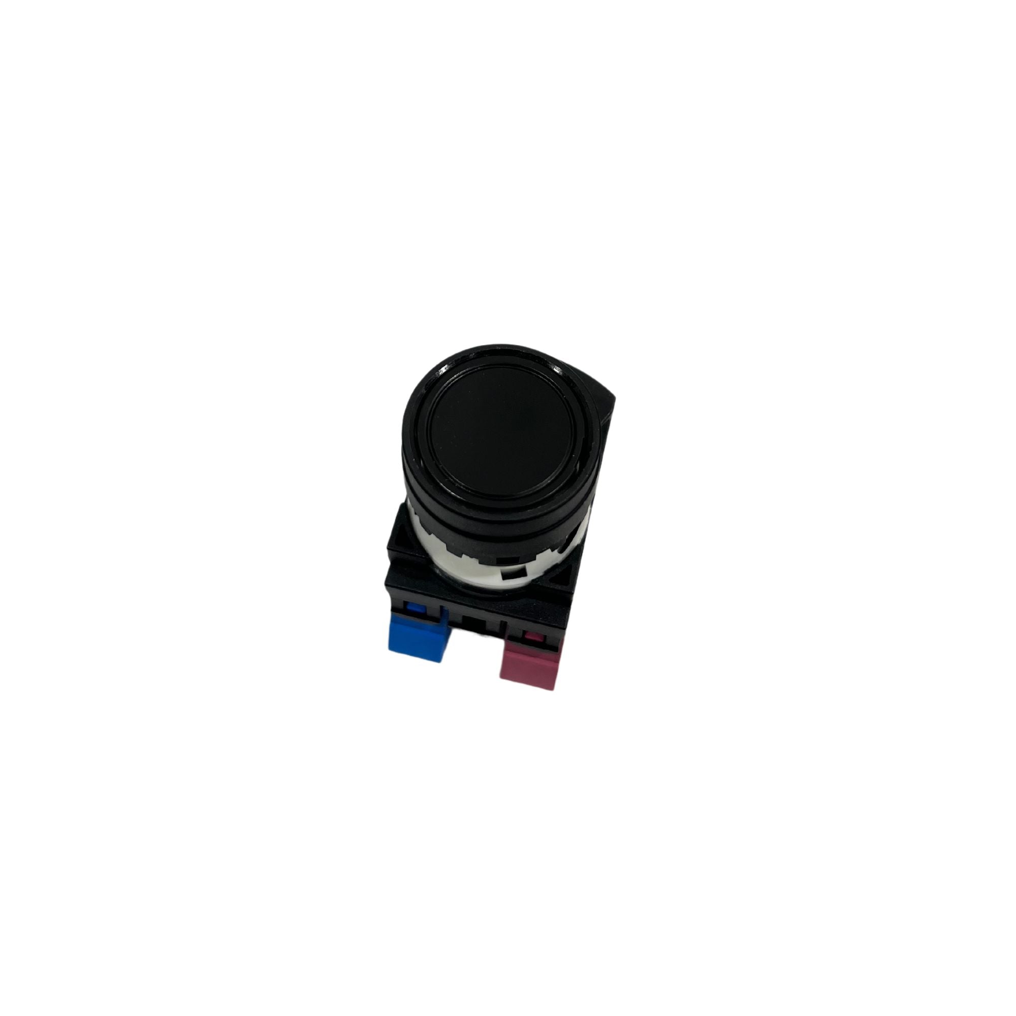 front side view of a push buttom with blue and red contact blocks in the back, a black bezel in the middle, and a BLACK button in the front right corner