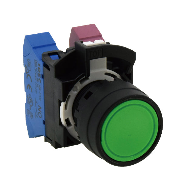 front side view of a push button, with blue and red plastic pieces on the back, a black bezel, and a green push button in the front