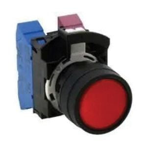 front side view of a push button, with blue and red plastic pieces on the back, a black bezel, and a red push button in the front