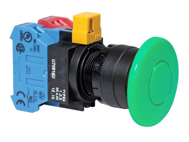 side view of a push button, with blue and red plastic pieces on the left, a yellow piece on the top, a black bezel, and a green push button on the right