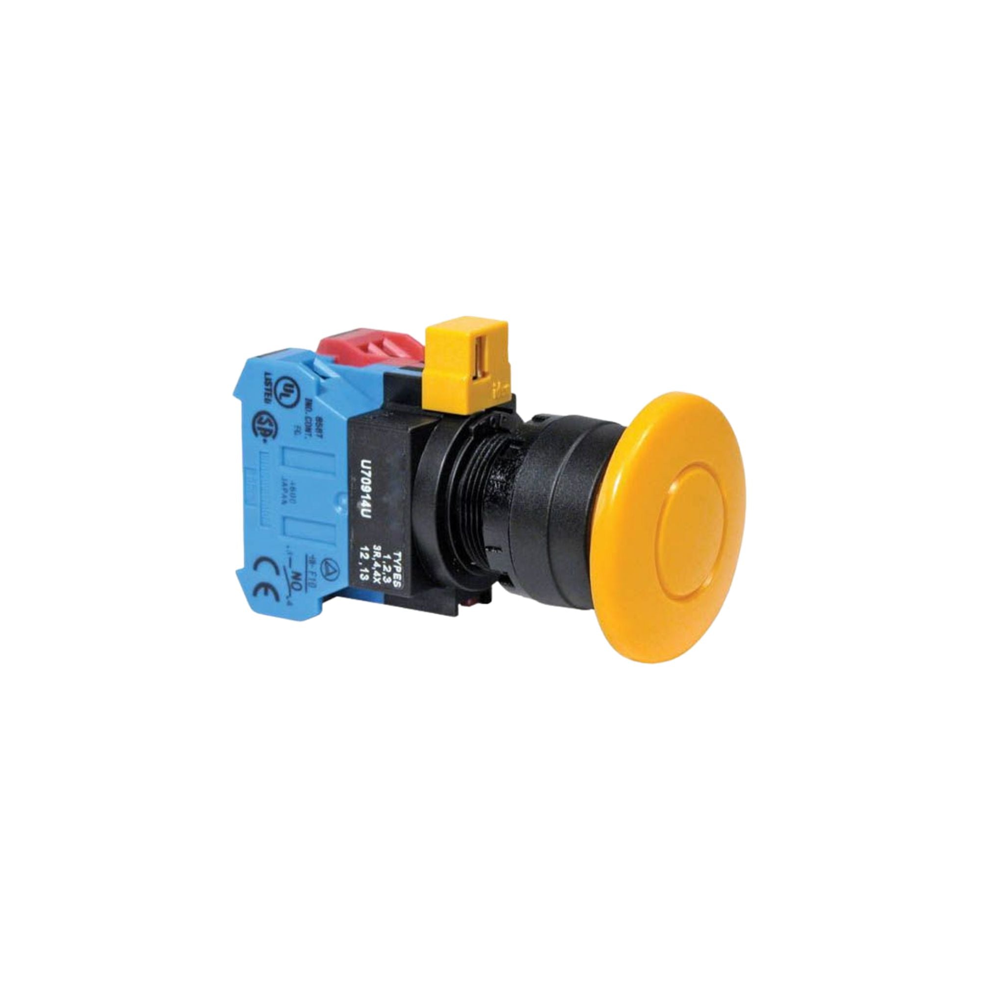 front side view of a push button unit with a blue and red contact block at the back, black housing, and a yellow button in the front