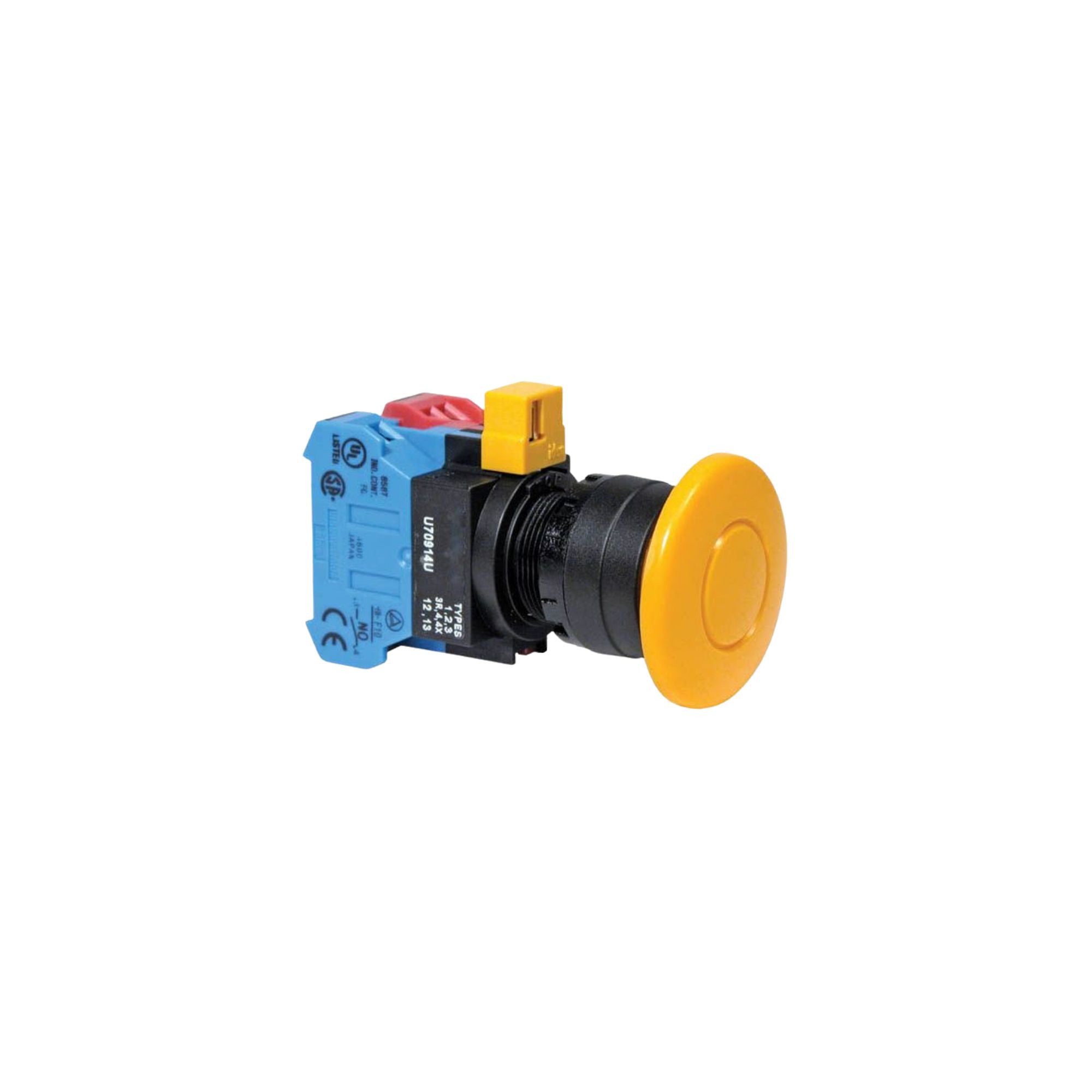 front side view of a push button unit with a blue and red contact block at the back, black housing, and a yellow button in the front