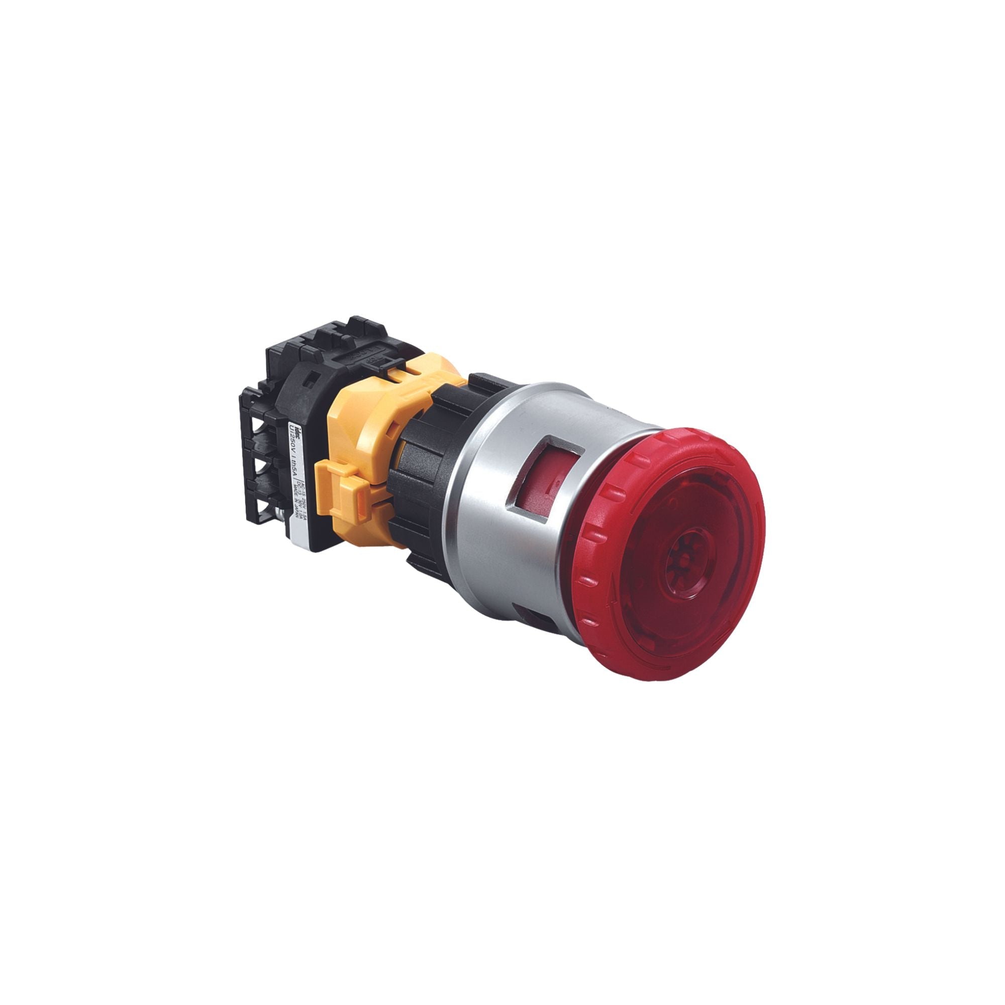 front side view of a light unit with a black and yellow piece on the left, and a red light on the right