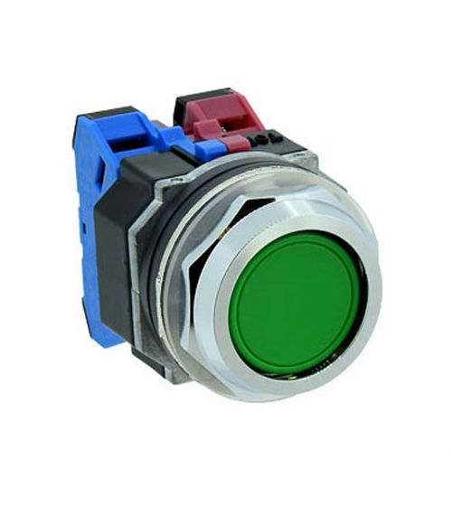 front side view of a push button, with blue and red plastic pieces on the back, chrome plated rings, and a green push button in the front
