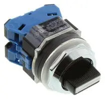 front side view of a selector switch, with blue plastic pieces on top left, chrome plated rings, and a black switch on the bottom right