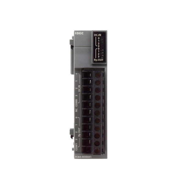 back view of a vertical CPU module with labeled input and output connections ports