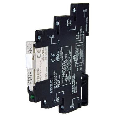 Black plastic housing that connects to a din rail.