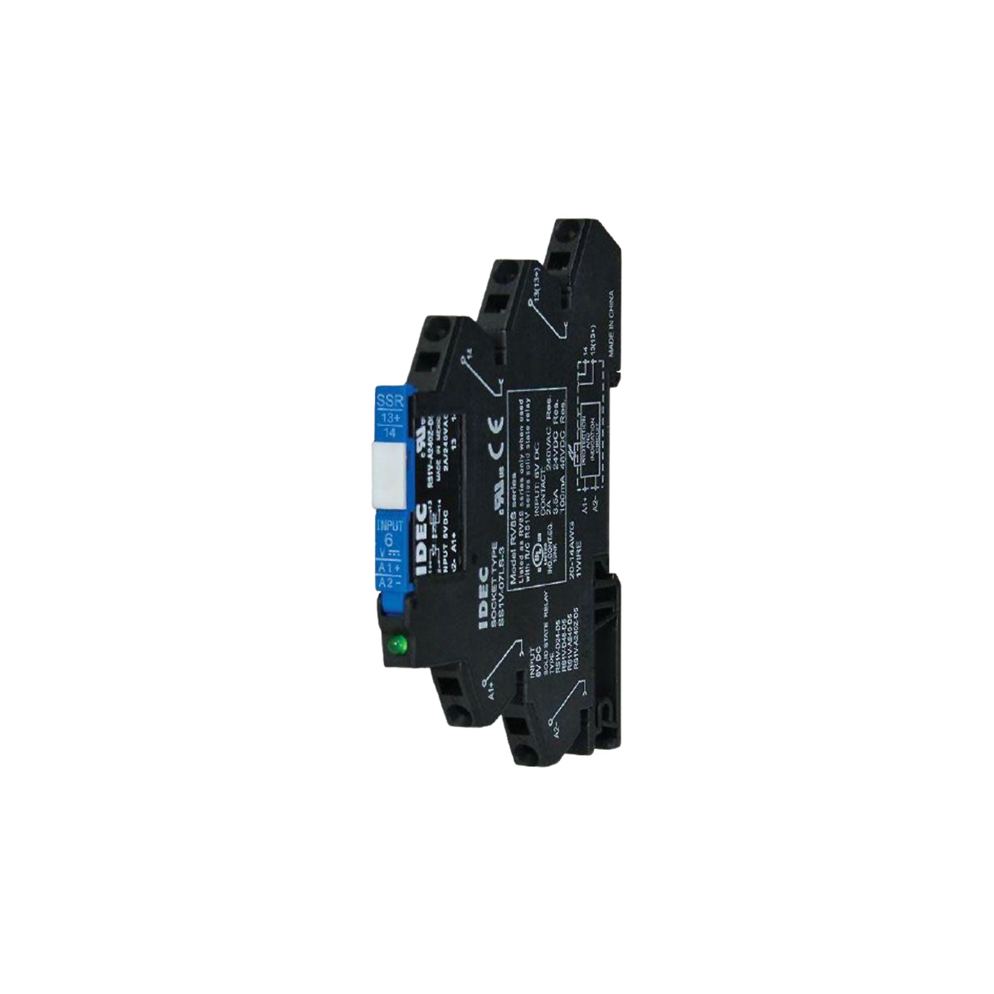 Black plastic housing that clips onto din rail, with connection points on the face