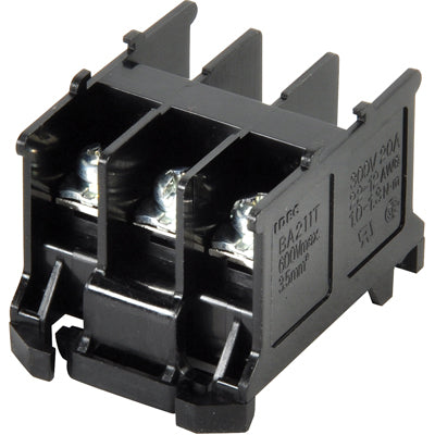 side view of a black plastic terminal block with three spaces