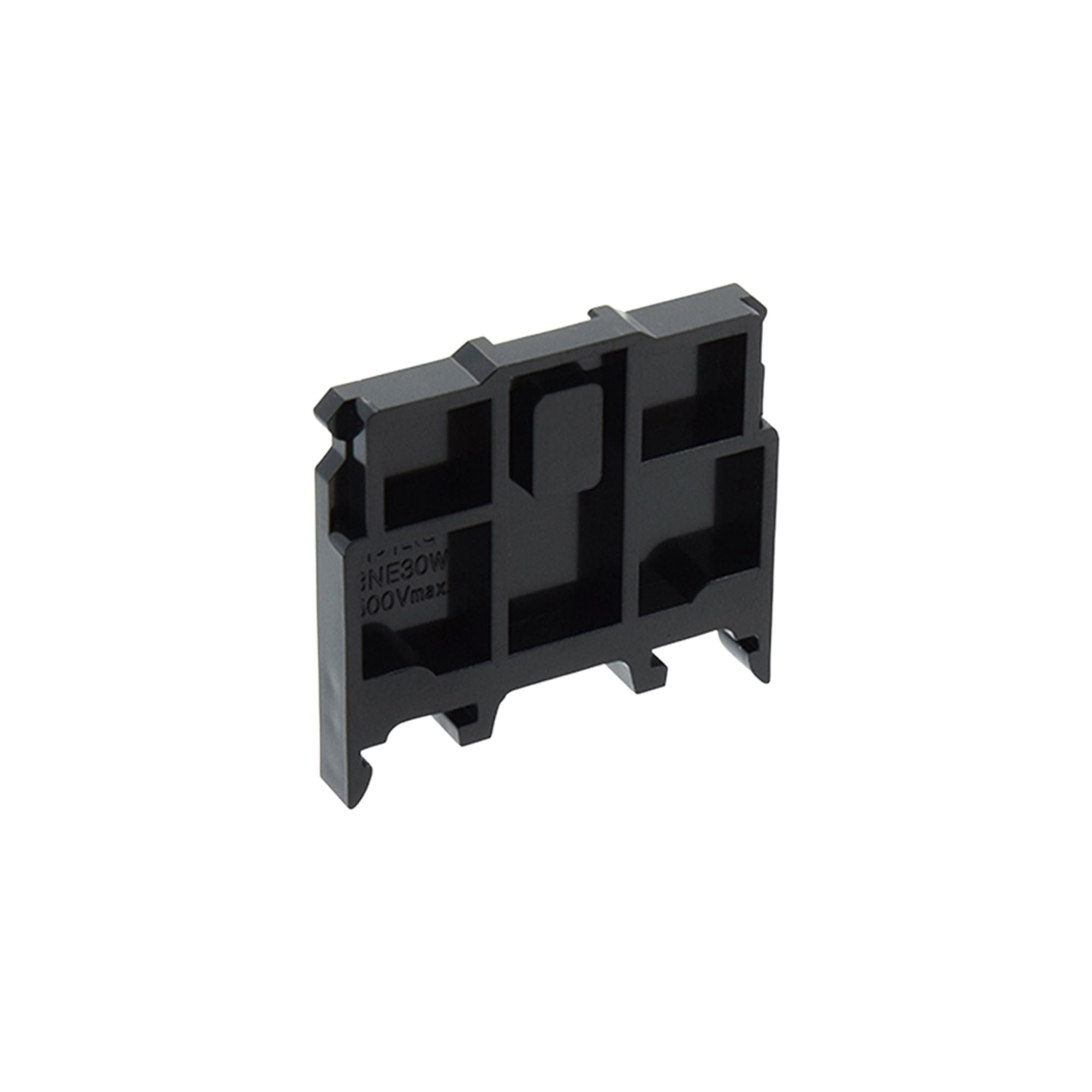 side view of a black plastic rectangular end plate with mounting grooves on the bottom