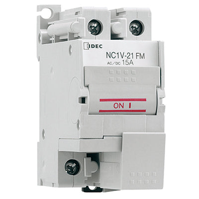 front side view of a white circuit protector box with a single screw mounting on the bottom and two screw mountings on the top, and an 'on' switch in the middle 