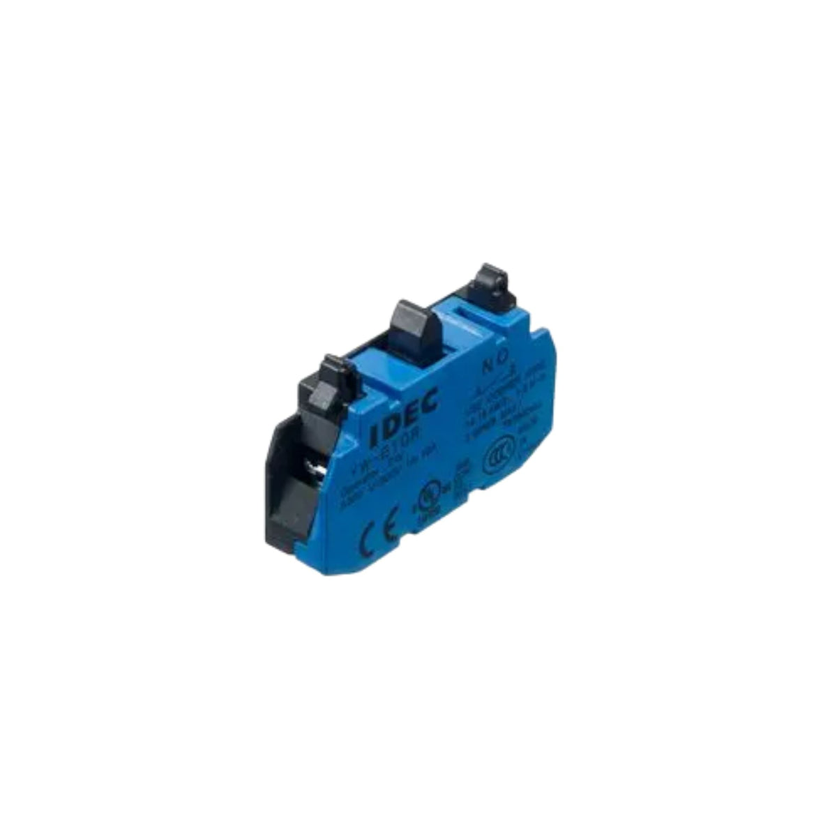 side view of a blue contact block with three black tabs on the top