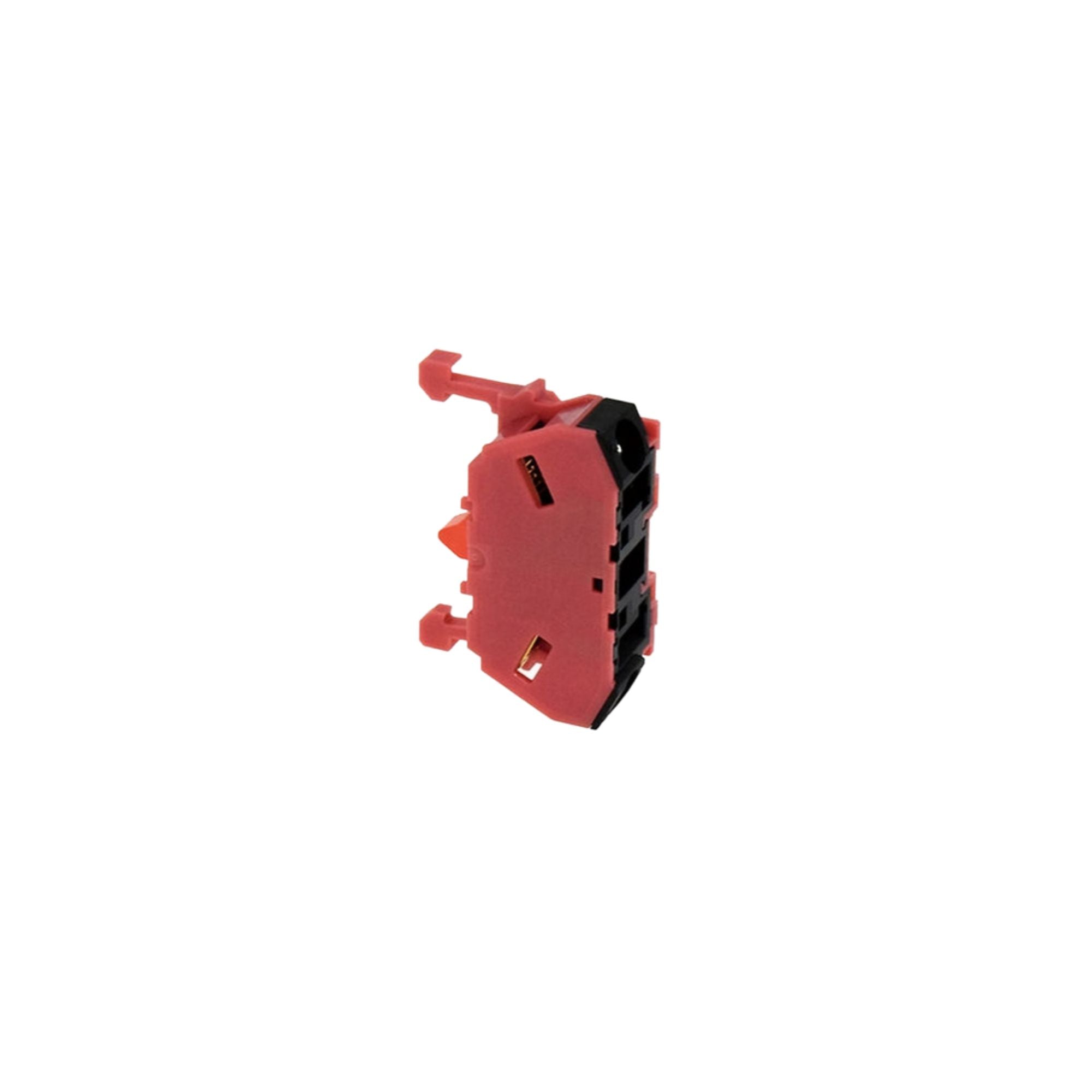 side view of a red contact block with long tabs at the top left and bottom left