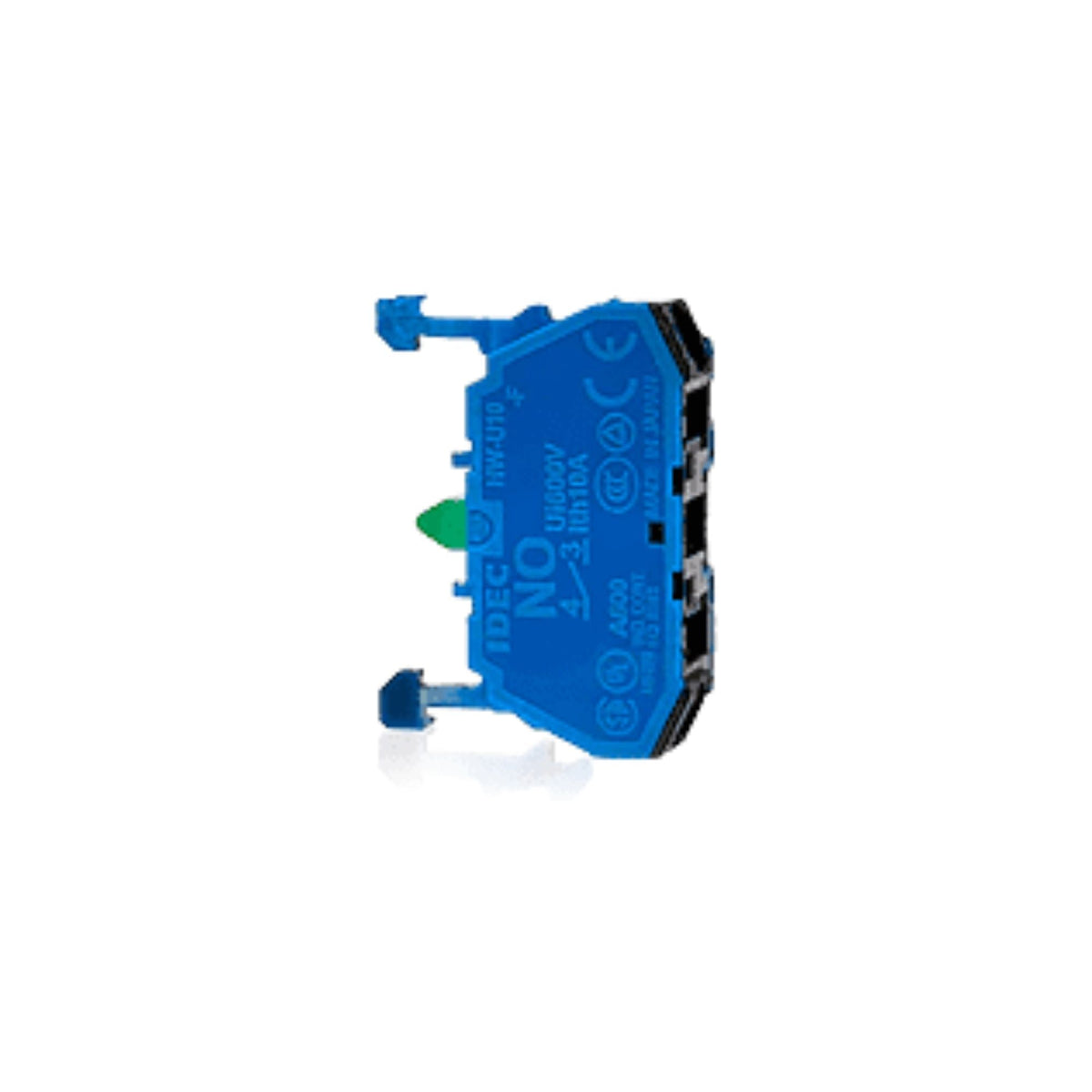 side view of a blue contact block with long tabs at the top left and bottom left