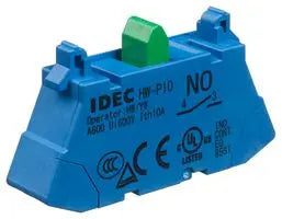 front side view of a contact block with blue housing and two tabs on top