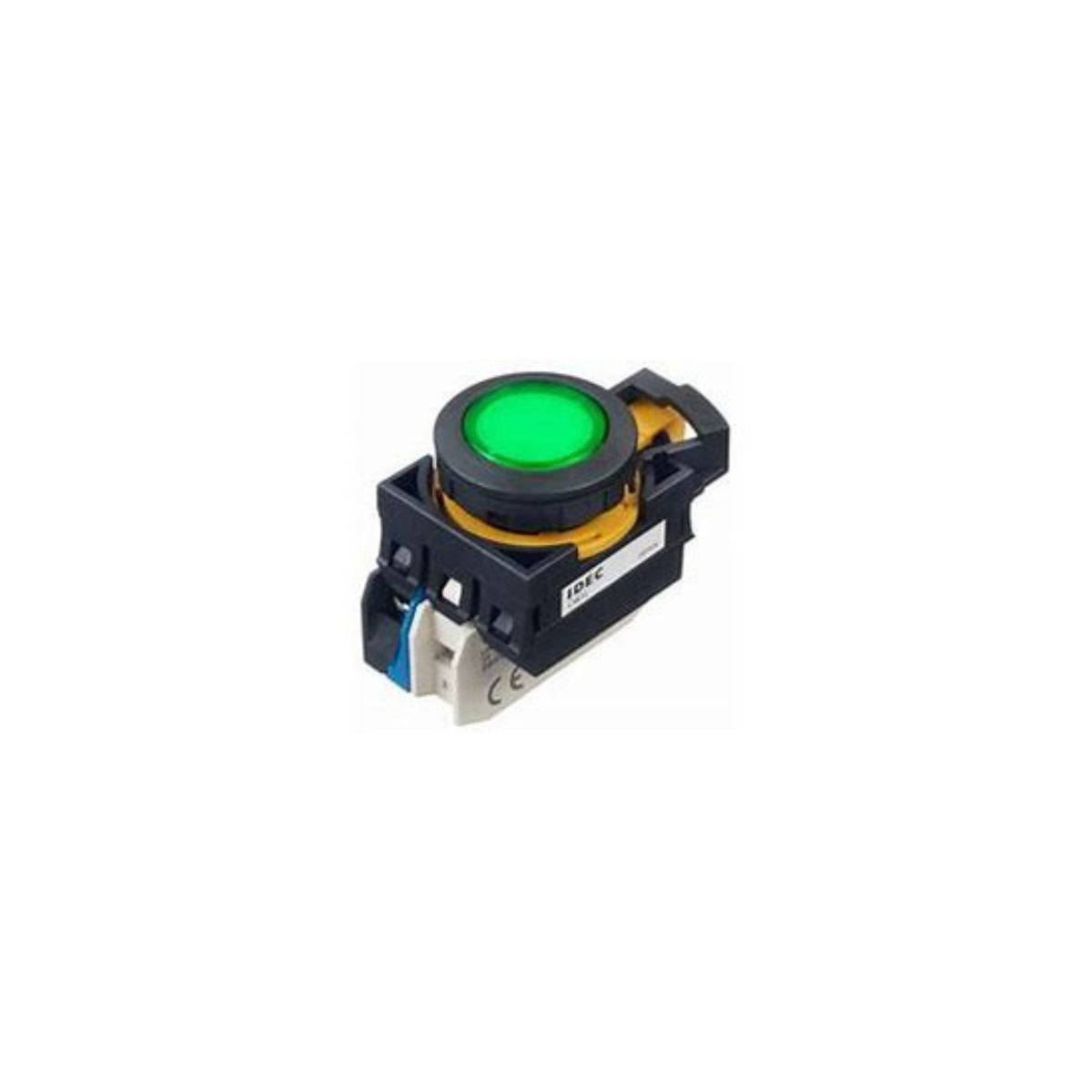 Black housing with round black bezeled push button with illuminated green button