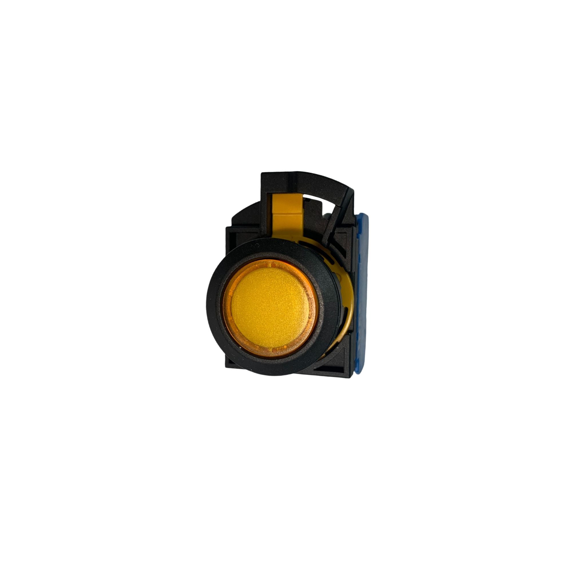 front view of a pushbutton unit with black housing and a yellow button in the front