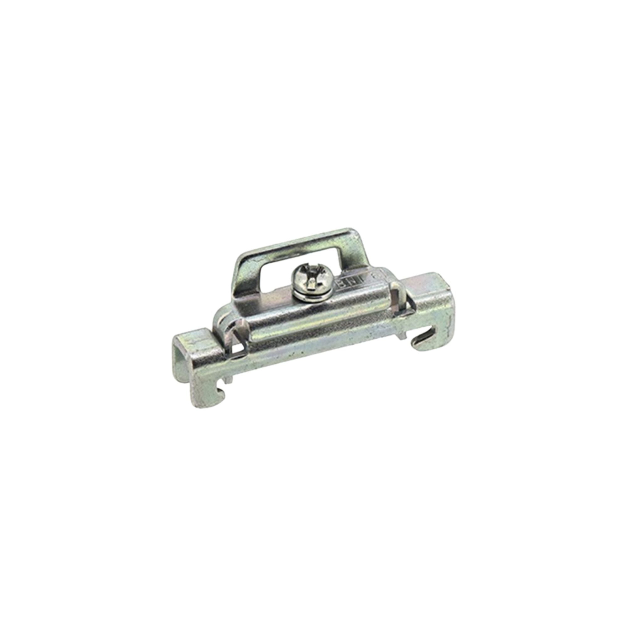 thin metal bar with rail mounting on the bottom, a single screw and a metal tab at the top center