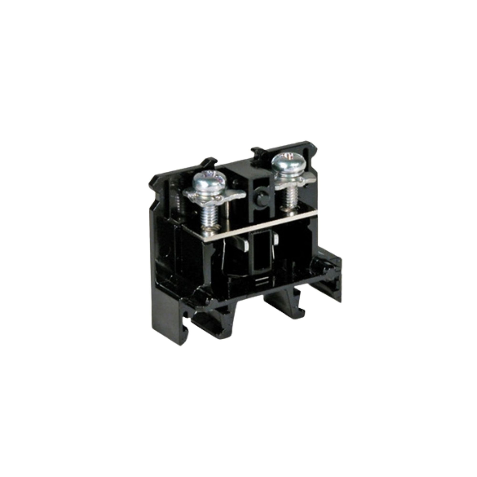 side view of a black rectangular terminal block with two screws in the top and DIN rail mounting on the bottom