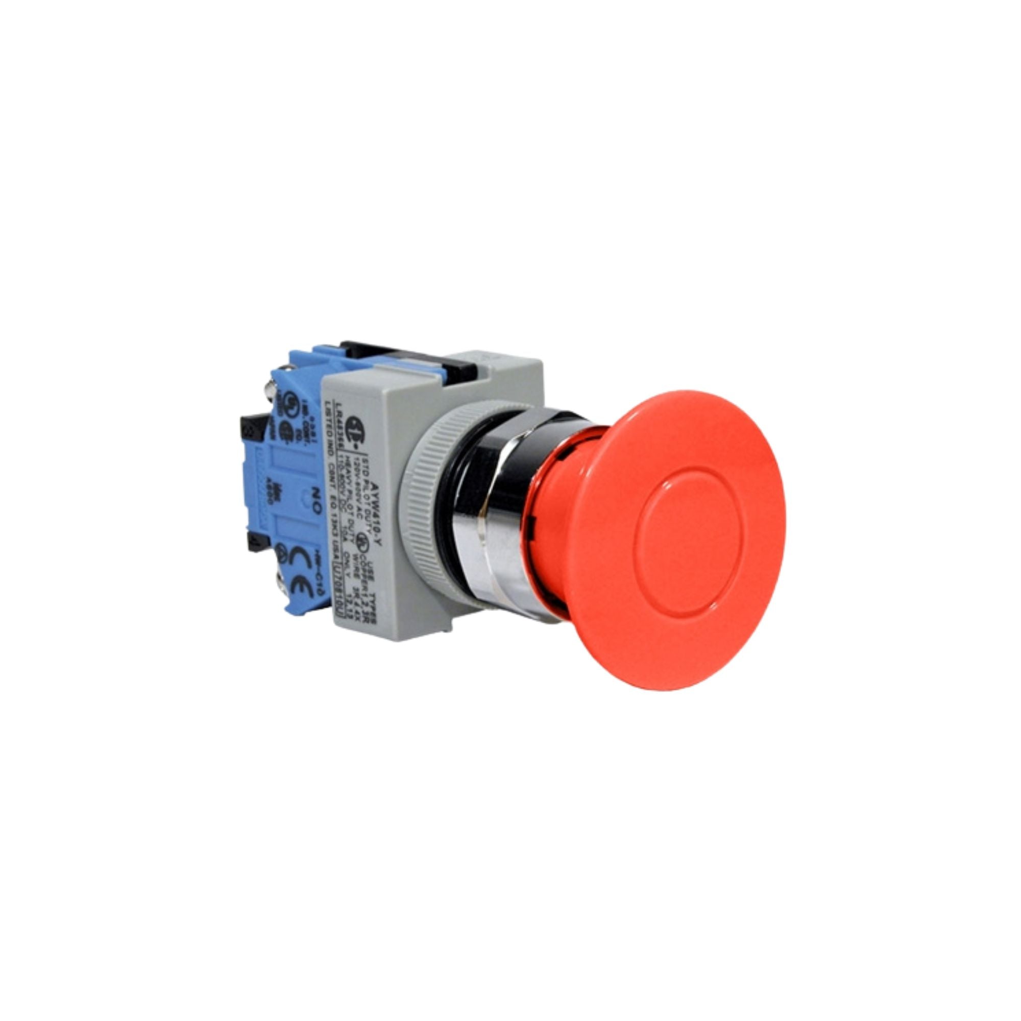 side view of a push button unit with a blue contact block on the left, a grey square piece in the center, and a red push button on the right