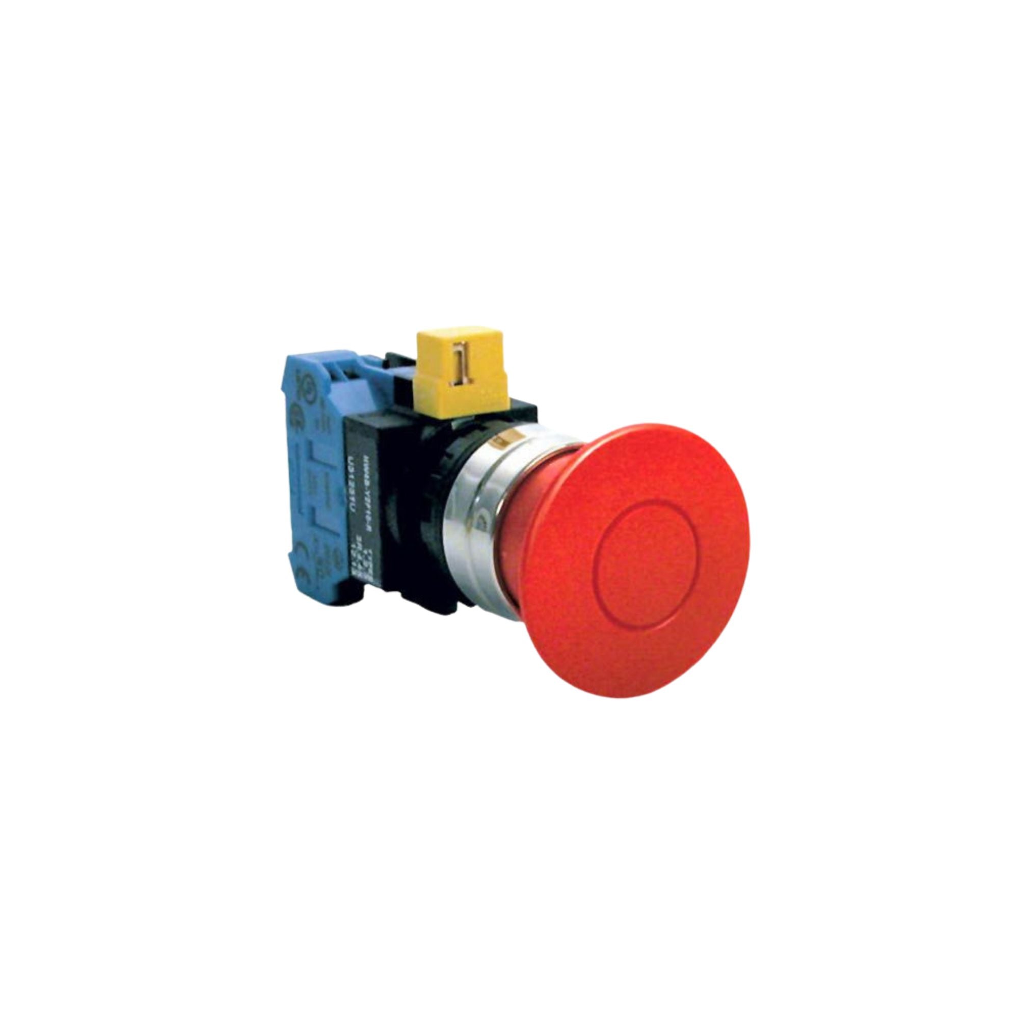 front side view of a push button unit with a blue contact block at the back, black housing, and a red button in the front