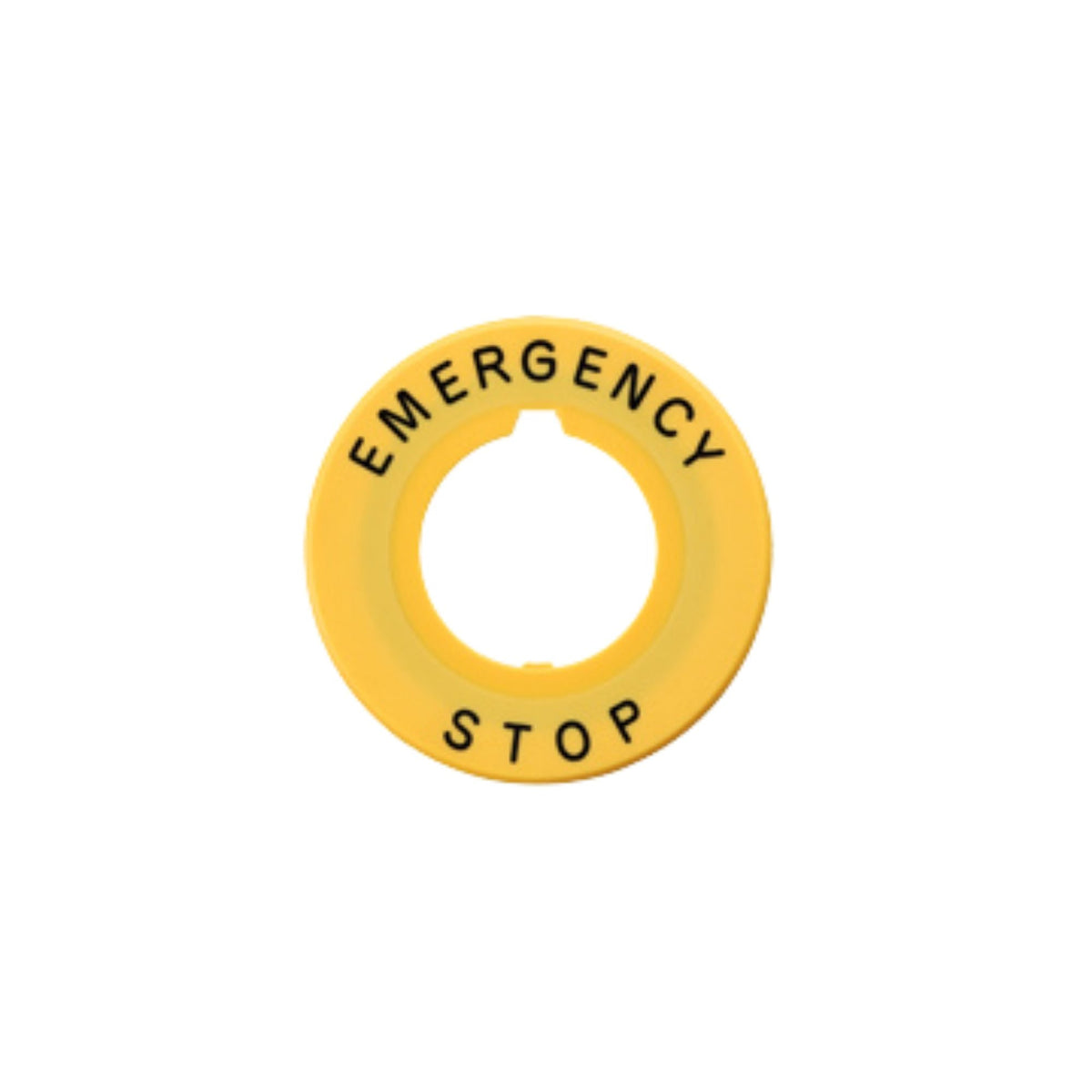 circular yellow disc with the word emergency at the top and the word stop at the bottom