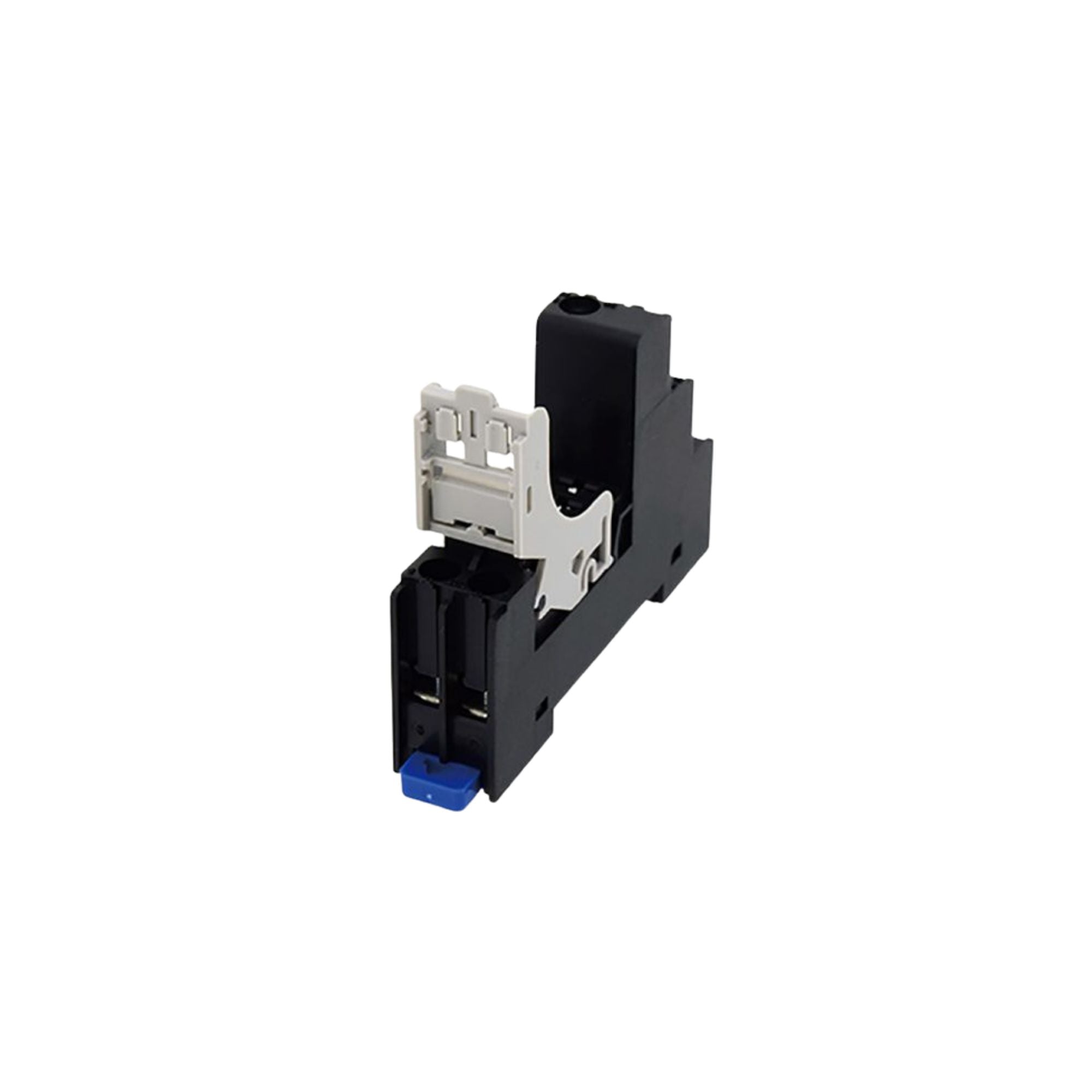black plastic DIN socket unit with blue tab at the bottom and a white cover at the top