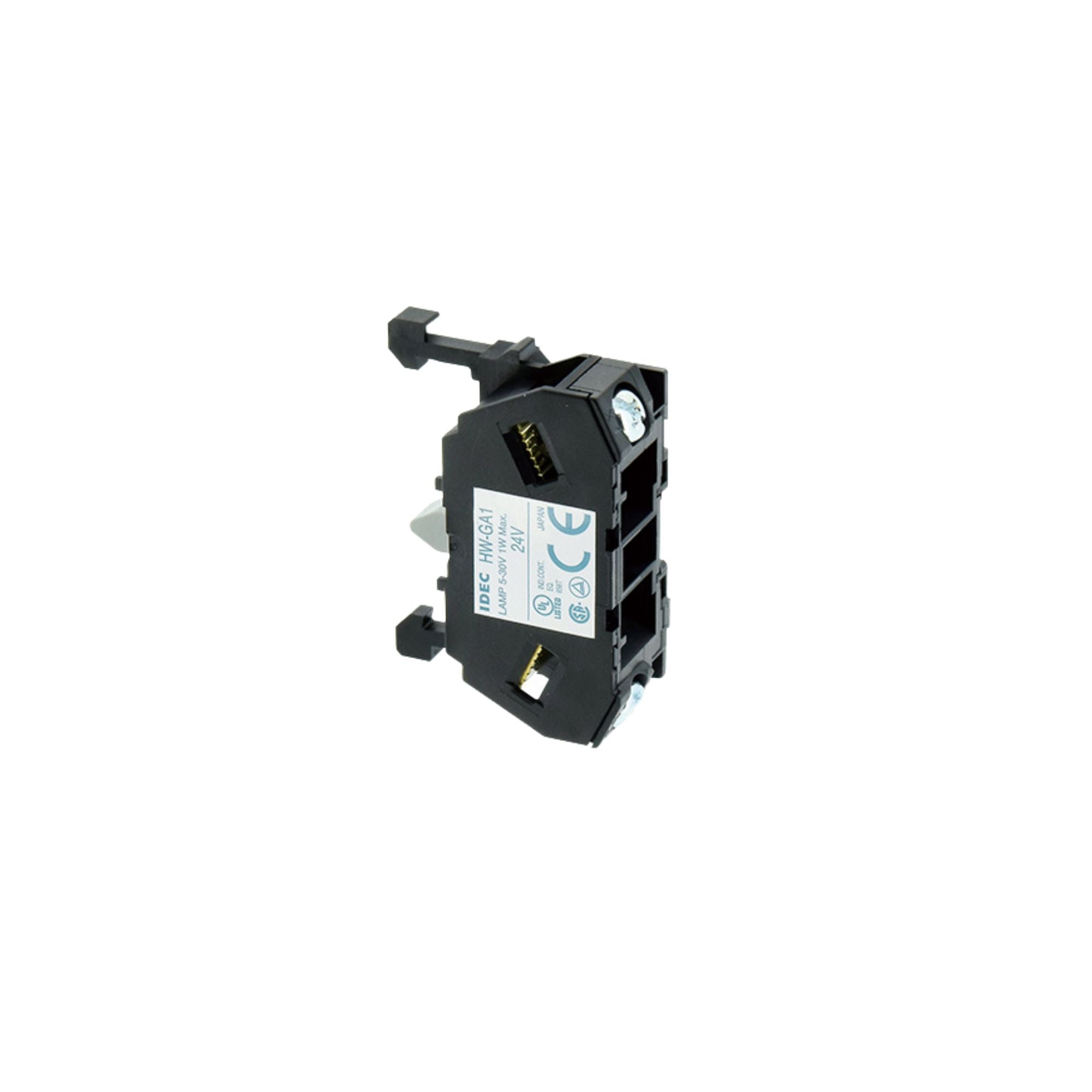 side view of a block voltage adapter with a long tab at the top left and bottom left