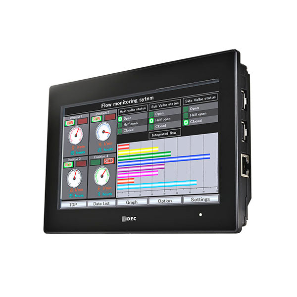 rectangular display screen with a black frame, gauges and graphs pictured on the screen, and ports on the left side