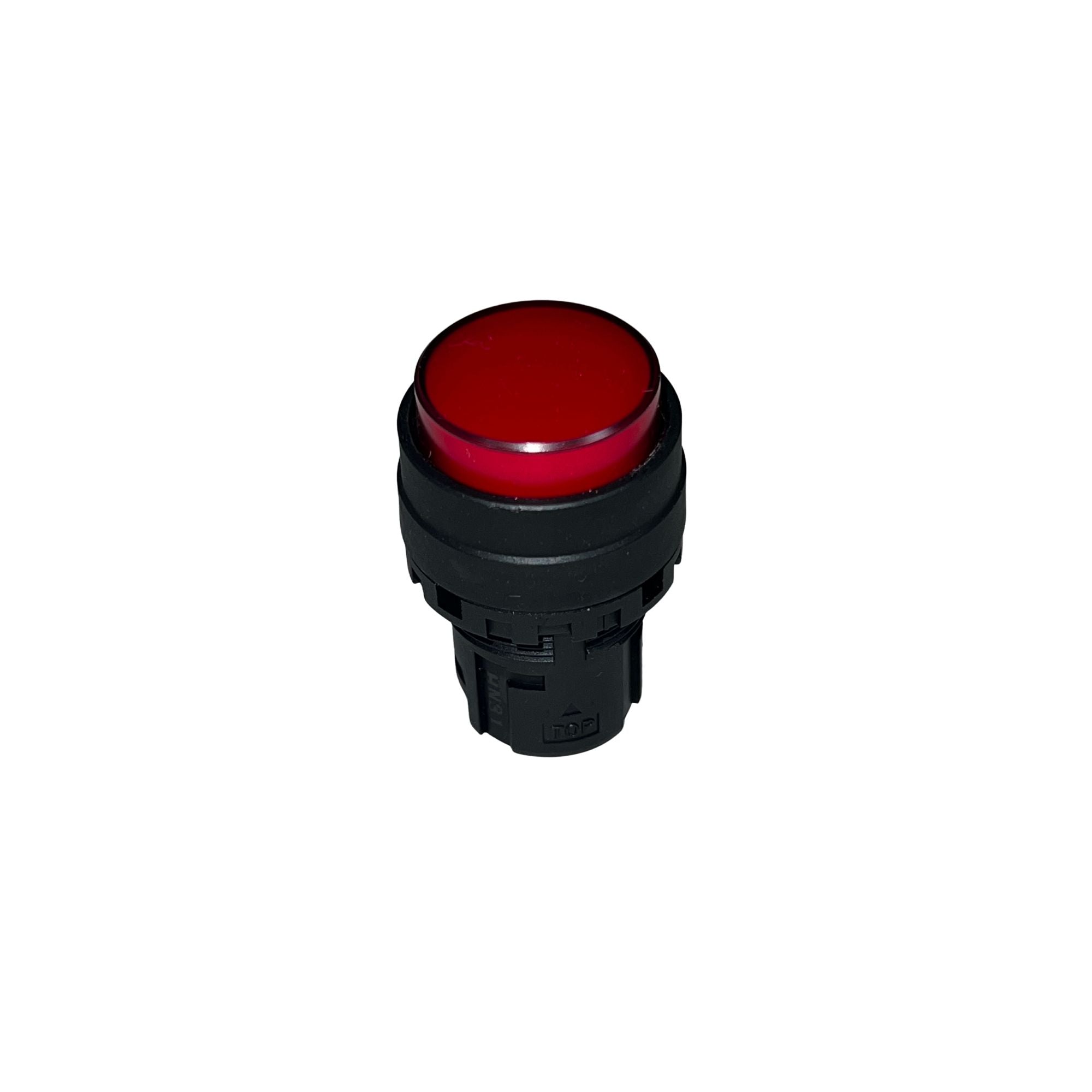side view of an upright pushbutton unit with black housing and a red pushbutton at the top