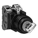 front side view of a key switch with silver contact blocks in the back, a black bezel, and a key switch on the bottom right