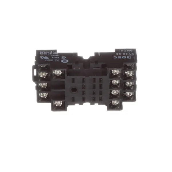 side view of a rectangular socket mount with square sections of entry points along the left and right sides 