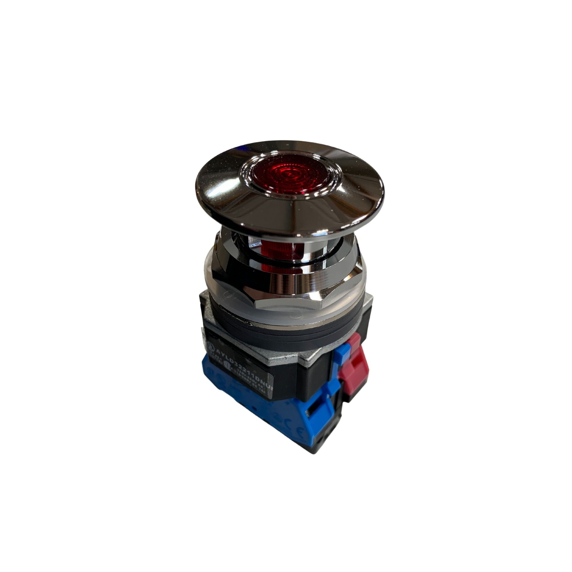 side view of a pull stop unit with blue and red contact blocks at the bottom and circular silver pull know at the top with a red light