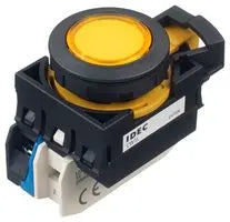 top side view of a push button with blue and white contact blocks at the bottom, a black bezel, and a yellow button on top