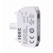 side view of upright white rectangular LED module with angled corners. Left side with circular led light,
