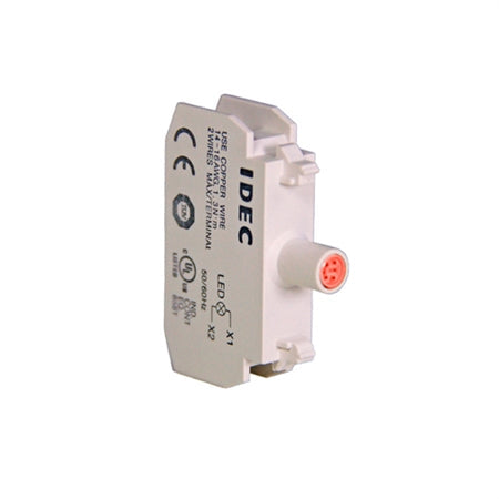 front side view of upright white rectangular LED module with angled corners, red circular LED light in the center on the right side