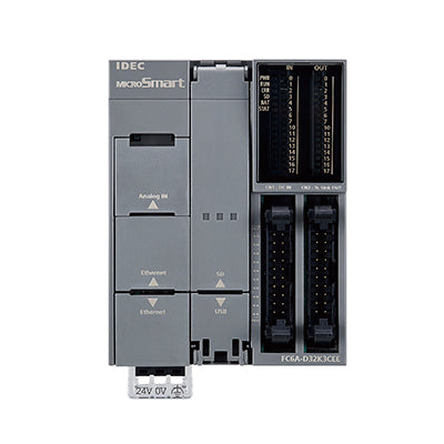 grey rectangular PLC unit with multiple sections on the left and two ethernet ports on the right