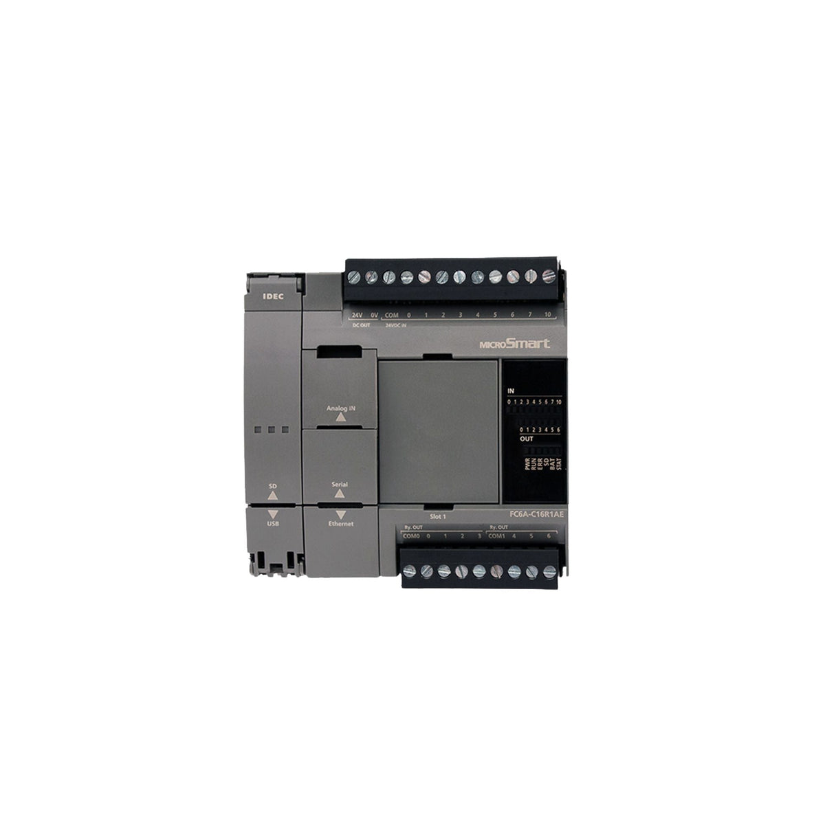 grey, square, PLC unit with multiple sections and terminal blocks along the top and bottom