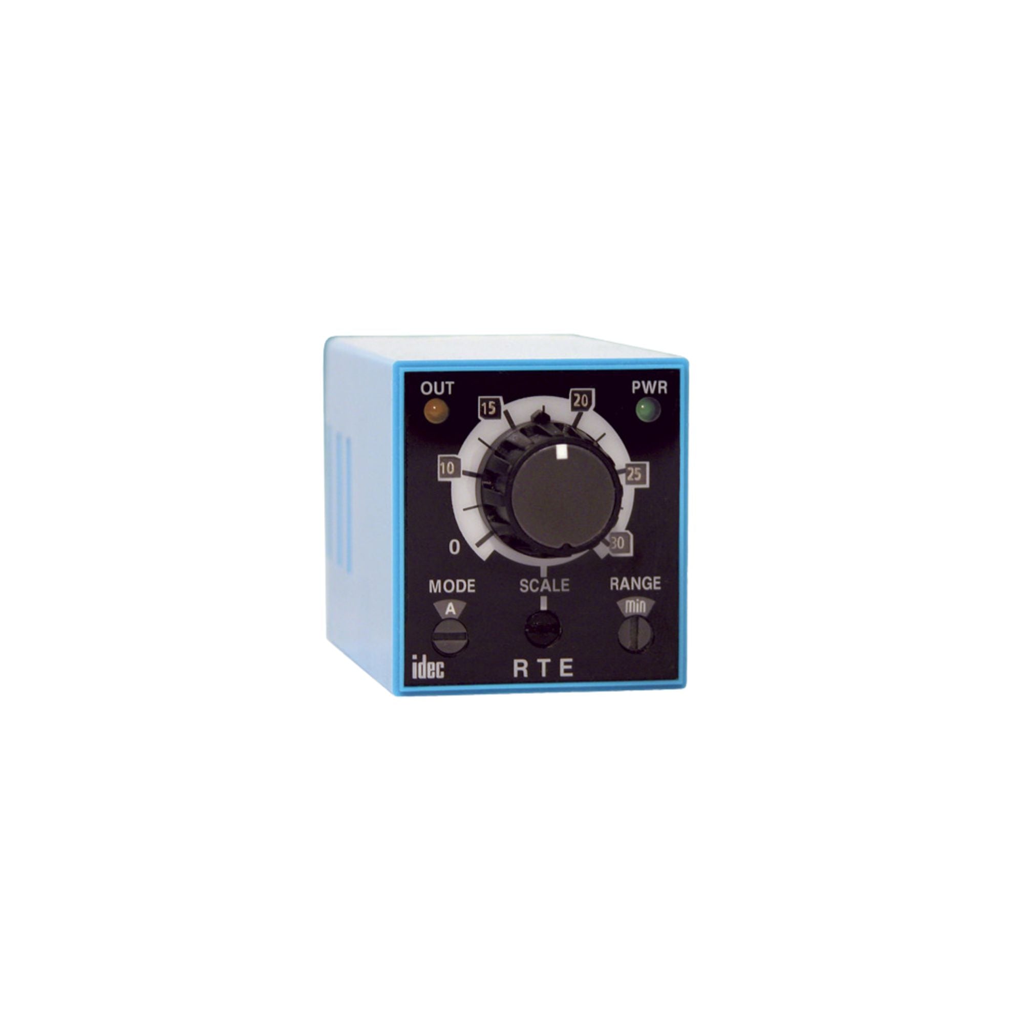 blue square block timer unit with a round knob at the center
