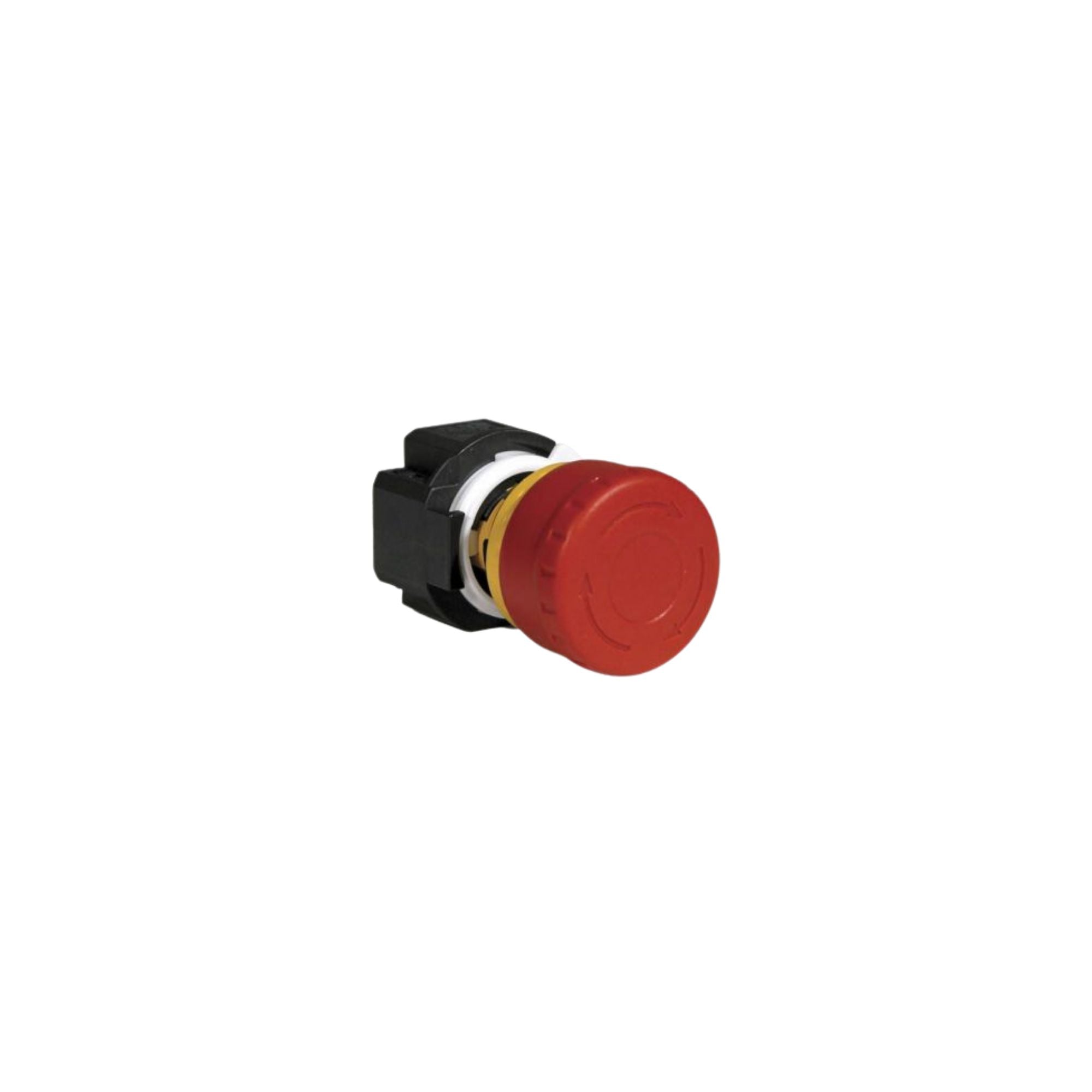 front side view of a stop button with black housing and a red button in the front