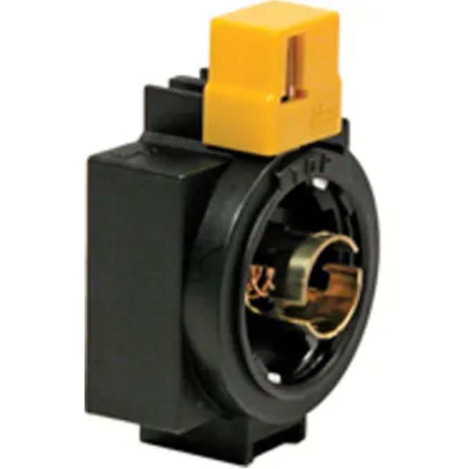 upright square black base with circular connection port in the center on the right side and a yellow tab on the top