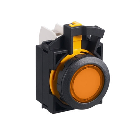 front view of a pilot light with a white contact block in the back, a black bezel in the center, and an amber colored circular light in the front