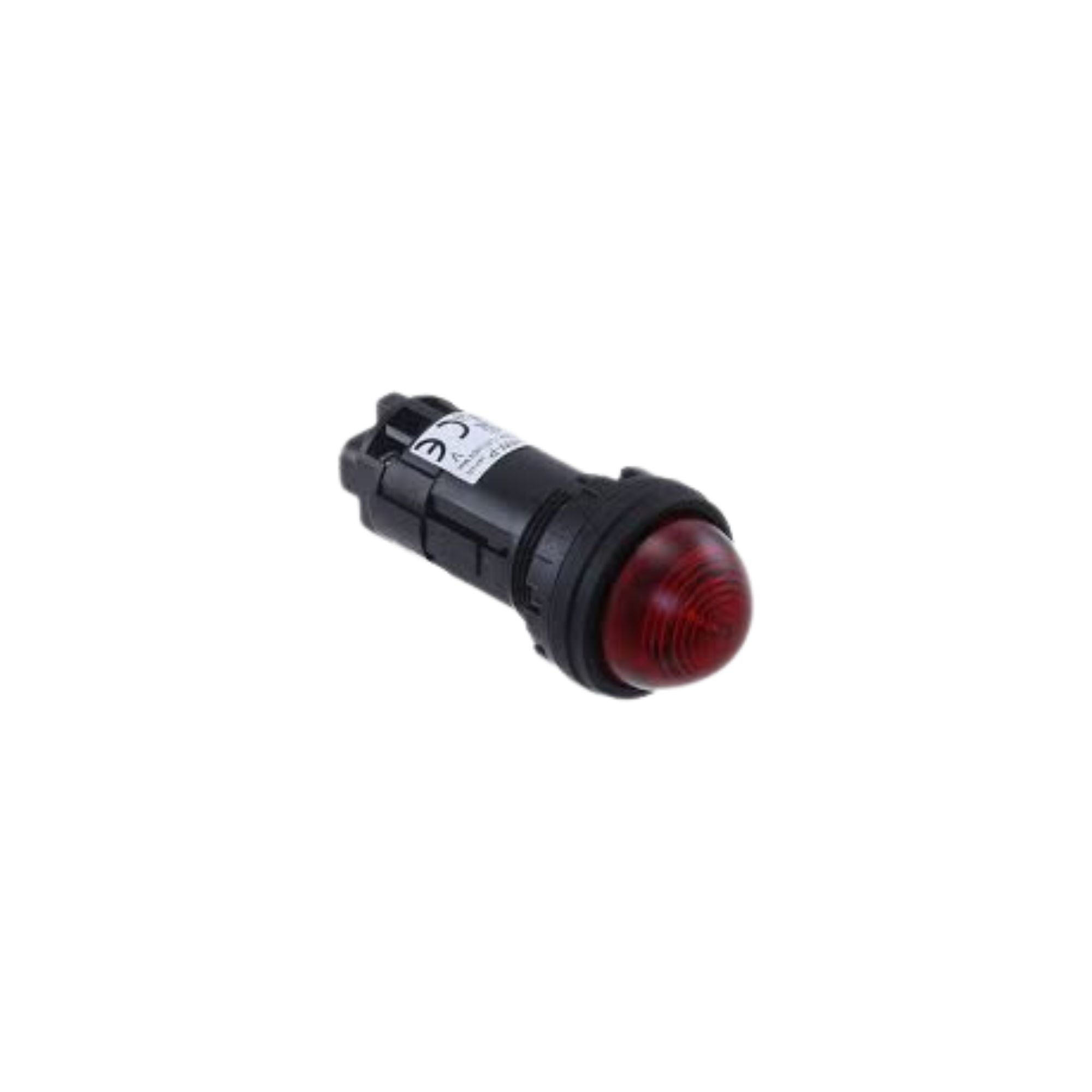 side view of a dome light unit with black housing and a red dome shaped light