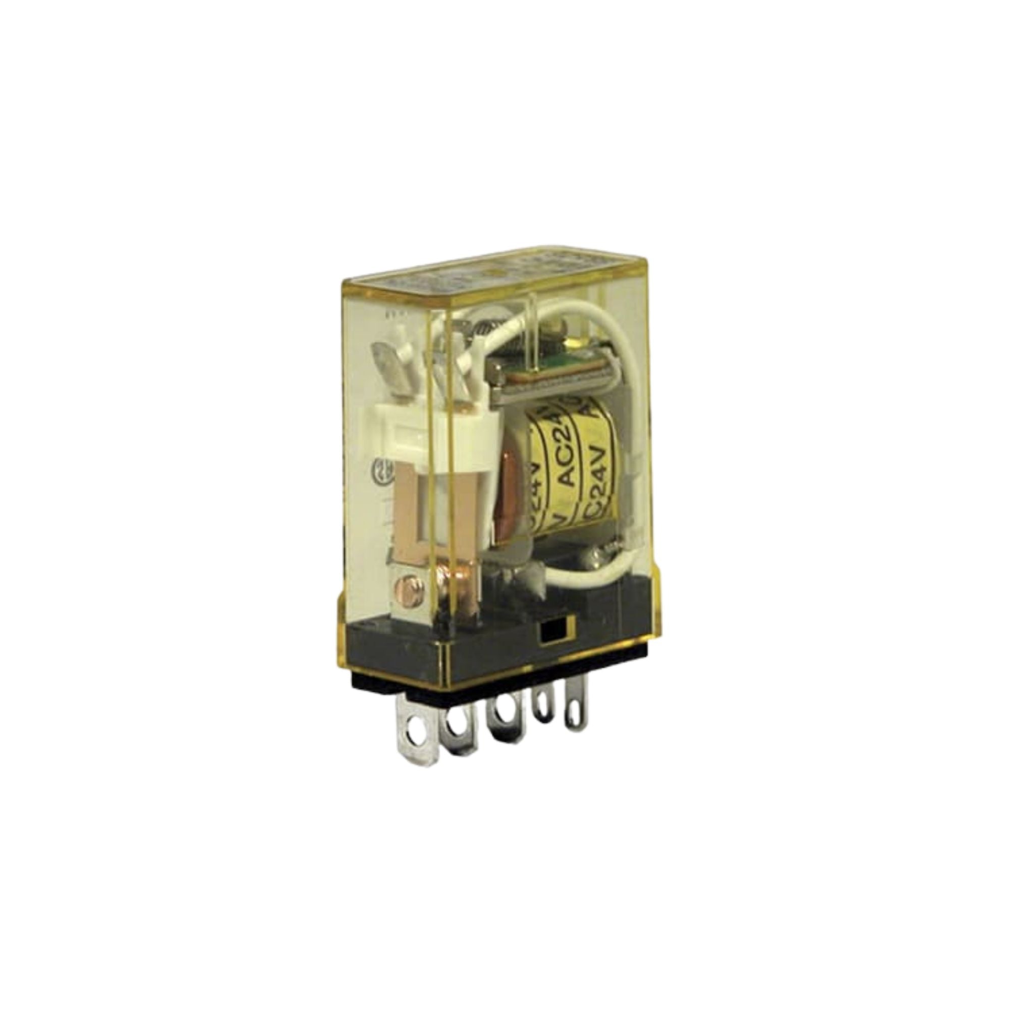 upright rectangular relay unit with clear yellow housing, wires and contacts inside, and metal tabs on the bottom
