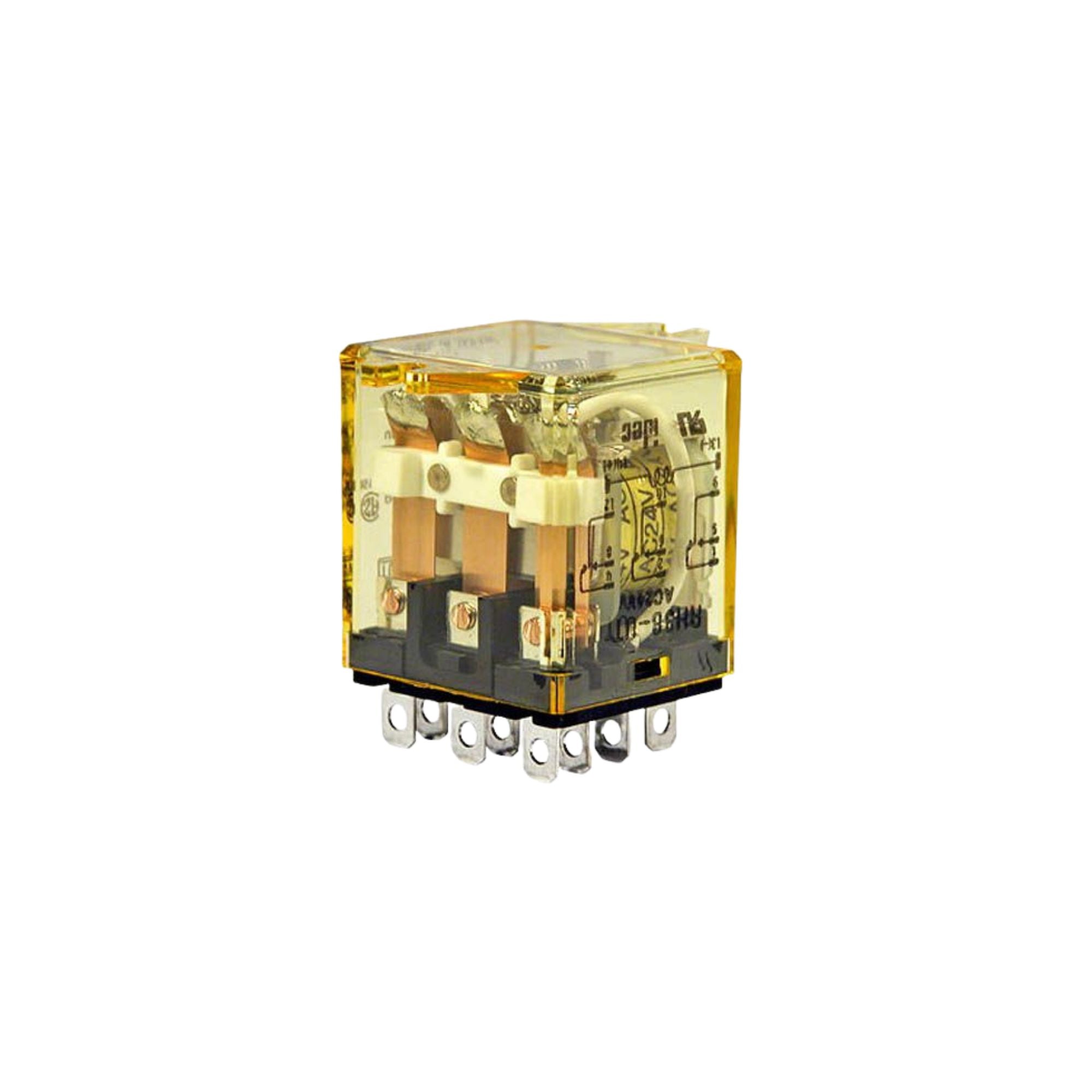 upright square relay unit with clear yellow housing, wires and contacts inside, and metal tabs on the bottom