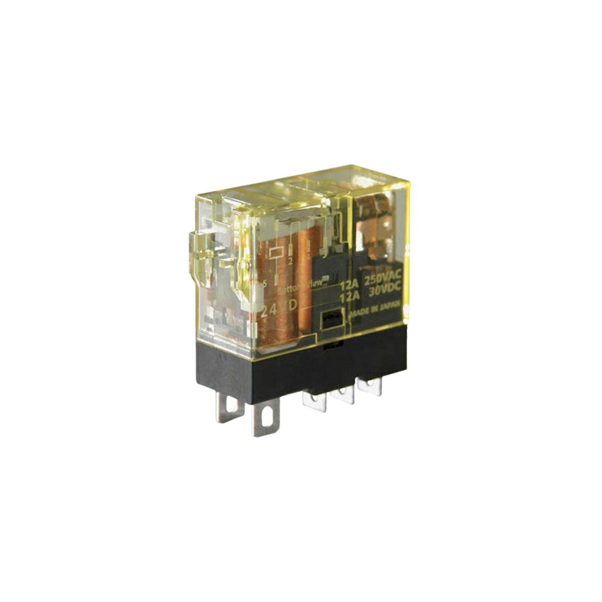 upright rectangular relay unit with clear yellow housing, wires and contacts inside, and metal tabs on the bottom