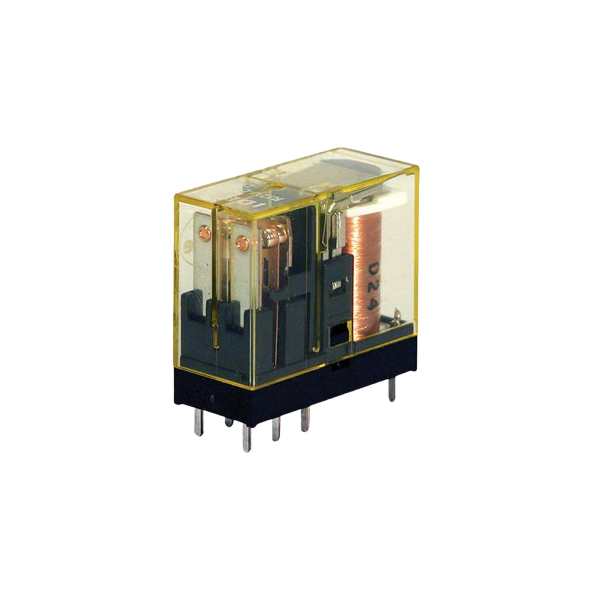 upright rectangular relay unit with clear yellow housing, wires and contacts inside, and metal tabs on the bottom