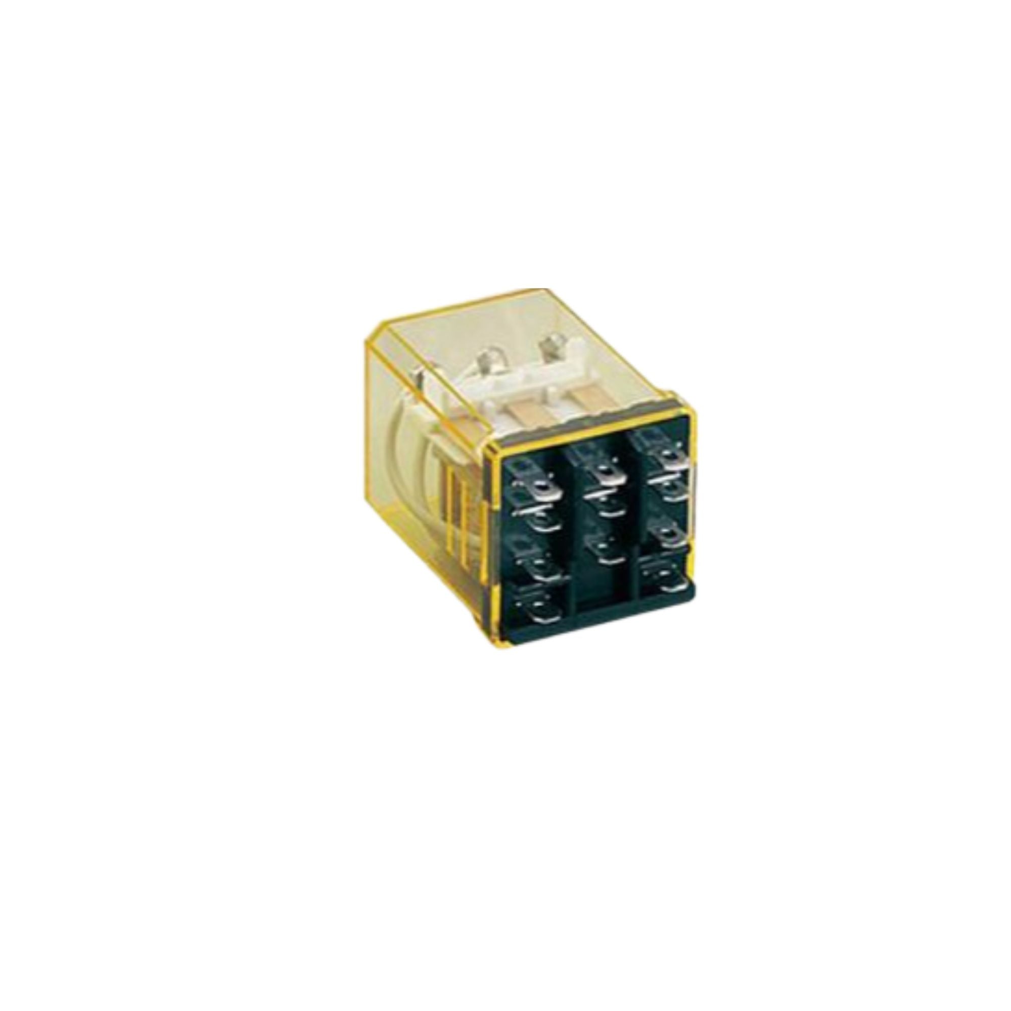 bottom view of a relay unit with a clear yellow housing toward the back and metal tabs at the front