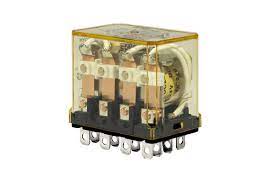 front side view of upright rectangular relay unit with clear plastic housing, wires and connections inside, silver contact tabs on the bottom